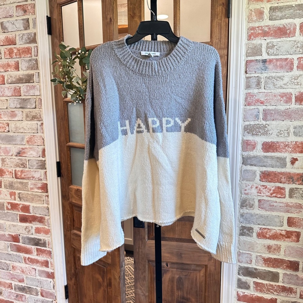 Peace Love World Sweater Women Gray Happy Graphic Colorblock Hygge Oversized XL